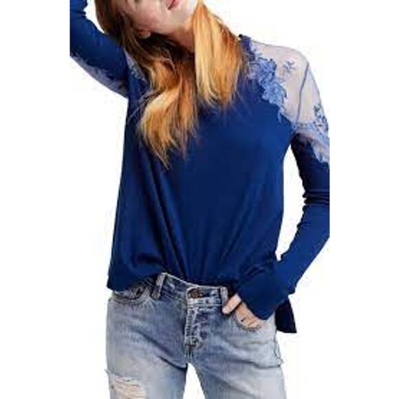 New Free People XS Blue Daniella Lace Top Long Sleeve Ribbed Swingy Side Split - Picture 10 of 11